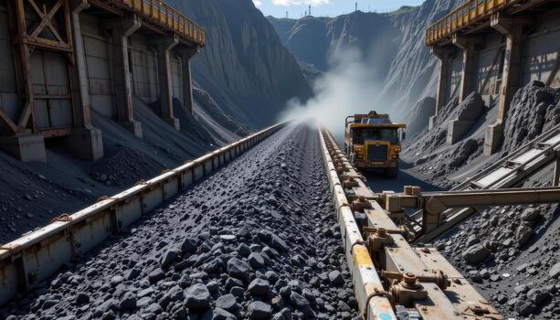 A long conveyor belt loaded with coal winds through a mining facility, dust rising and metal frameworks surrounding the moving load. photo