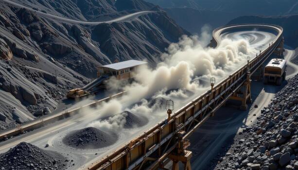 A massive conveyor belt winds through a mining facility, moving chunks of coal with dust rising and machinery operating nearby. photo