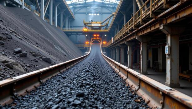 A reinforced conveyor belt runs through a mining plant, transporting coal beneath catwalks, scaffolding, and industrial lights. photo