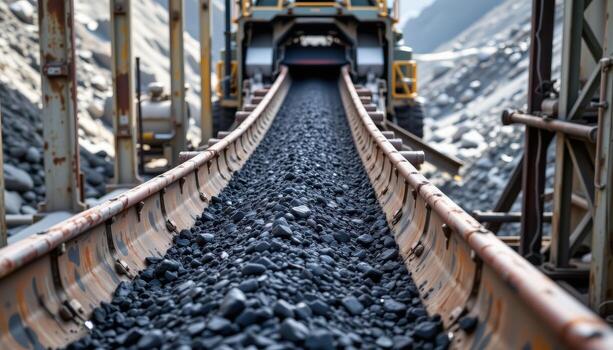 A reinforced conveyor belt winds through a mining plant, with black coal moving steadily under machinery and metal structures. photo
