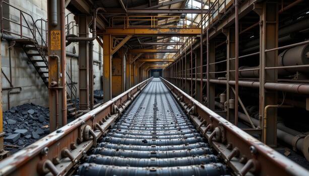 A continuous coal conveyor belt moves steadily through a mining plant, passing under steel beams, scaffolding, and pipes. photo