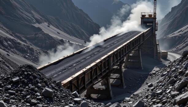 A heavy duty conveyor belt carries coal steadily through a mining facility, with dust rising and machinery creating a rugged industrial scene. photo