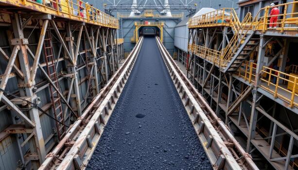 A high speed conveyor belt carries black coal through a mining plant, with steel frameworks, catwalks, and scaffolding lining the route. photo