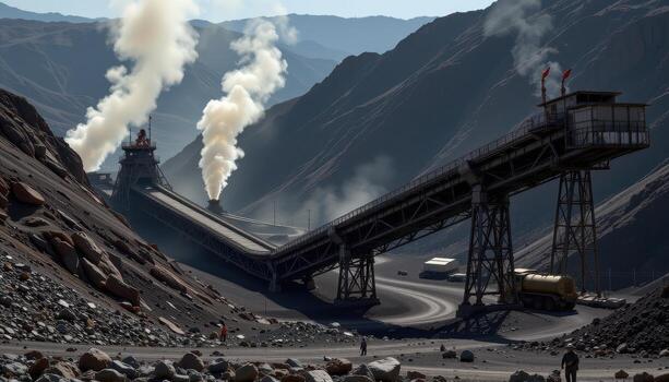 A massive conveyor belt runs through a mining facility transporting coal, with dust clouds rising and industrial lights casting shadows. photo