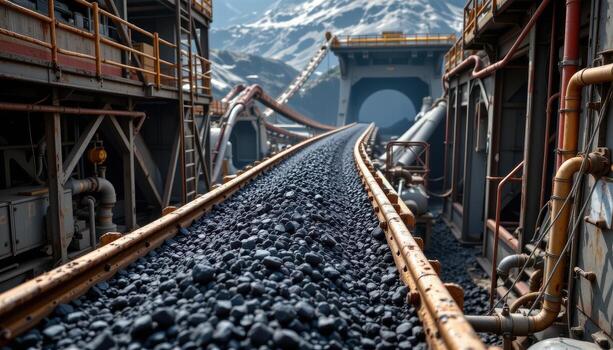A continuous conveyor belt transports coal steadily through a mining plant, with metal supports, scaffolding, and pipes surrounding it. photo
