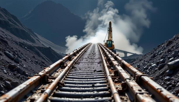 A reinforced conveyor belt transports coal through a mining plant, dust rising and machinery operating along the path. photo