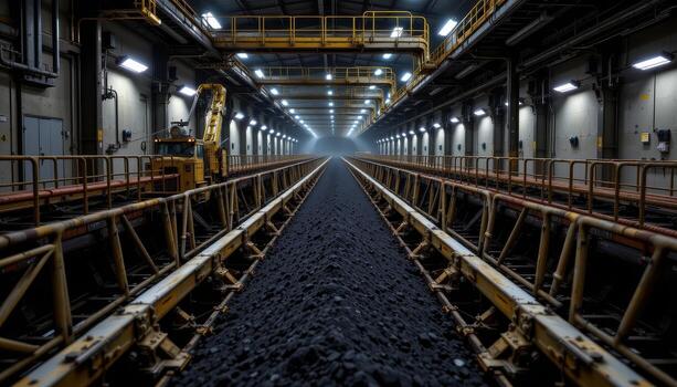 A long conveyor belt runs through a mining facility transporting coal, with industrial lights, catwalks, and machinery surrounding it. photo