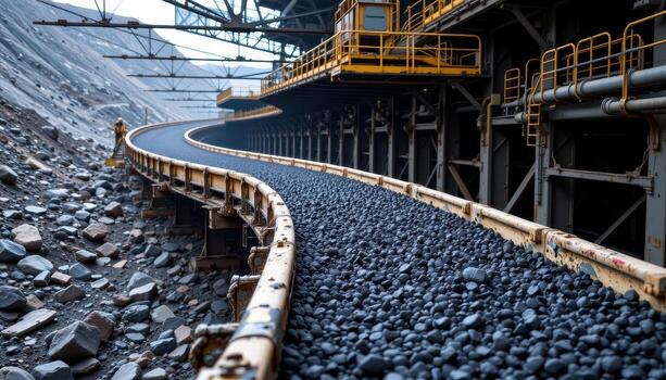A reinforced conveyor belt winds through a mining plant, transporting black coal beneath metal frameworks and catwalks. photo