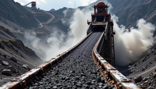 A continuous coal conveyor belt moves steadily through a mining plant, with dust clouds rising and metal frameworks forming a rugged scene. photo