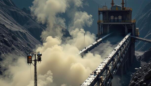 un masivo transportador cinturón carreras mediante un minería instalación, polvo creciente desde el carbón y maquinaria creando un denso industrial ambiente. foto