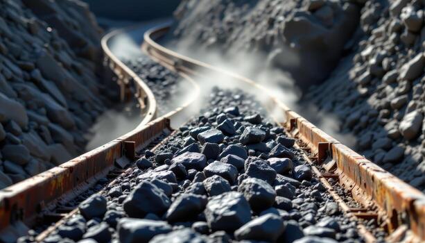 A high capacity conveyor belt carries chunks of coal through a mining plant, dust rising from the load and steel supports lining the path. photo
