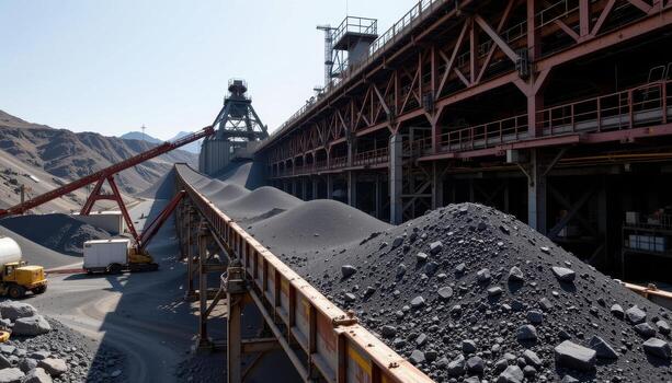 A wide conveyor belt loaded with coal stretches across a mining facility, with metal frameworks and scaffolding forming a complex industrial scene. photo