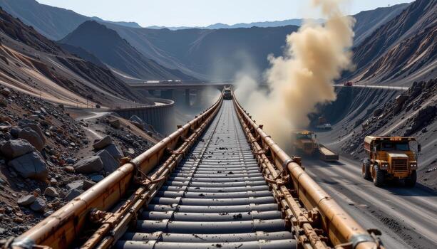 A reinforced conveyor belt transports coal through an expansive mining facility, with dust rising and machinery operating along its length. photo