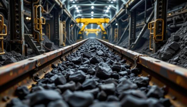 A high capacity coal conveyor belt runs through a mining plant, moving chunks of coal steadily under overhead lighting and steel supports. photo