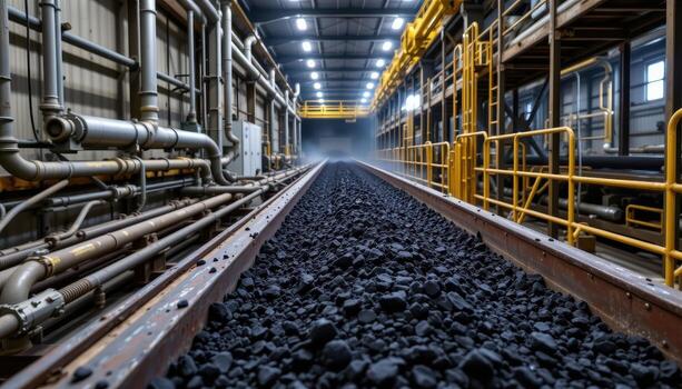 A continuous conveyor belt carries black coal through a mining facility, surrounded by piping, scaffolding, and industrial lights. photo