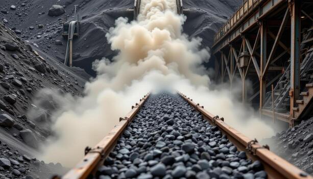 A high speed conveyor belt moves coal through a mining plant, with dust clouds rising and steel beams lining its route. photo