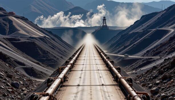 A long conveyor belt carries coal steadily through a mining facility, with dust clouds rising and machinery humming along the route. photo
