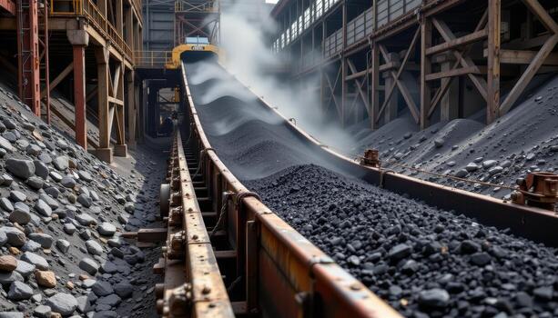 A massive conveyor belt carries coal through a mining plant, moving under scaffolding and metal structures with dust rising from the load. photo