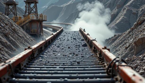 A high capacity coal conveyor belt winds steadily through a mining plant, dust rising and metal frameworks lining the route. photo