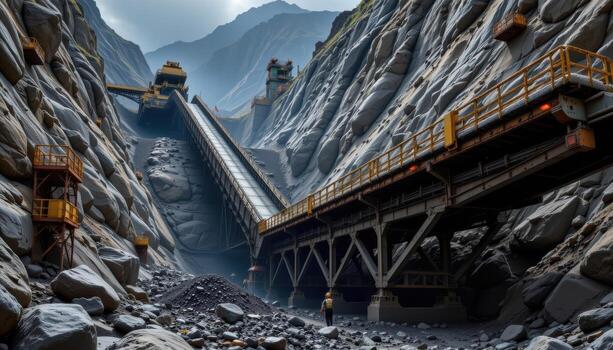 A massive conveyor belt runs through a mining facility transporting coal, with scaffolding and steel structures creating a complex industrial scene. photo