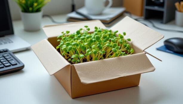 A neatly folded paper box containing green sprouts on a clean desk. photo