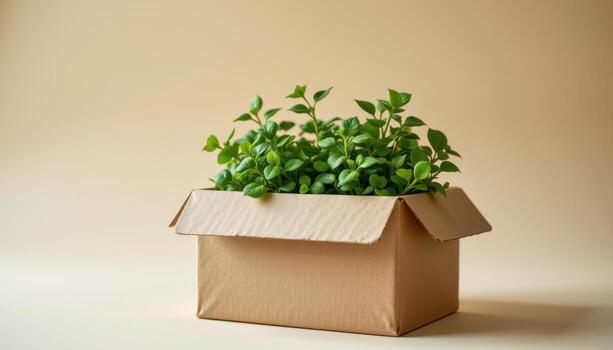 un marrón papel caja con verde follaje emergente desde el arriba, metido en un ligero antecedentes con suave difundido ligero. foto