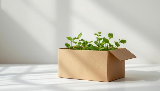 un sencillo papel caja con verde plantas emergente debajo suave difundido Encendiendo. foto