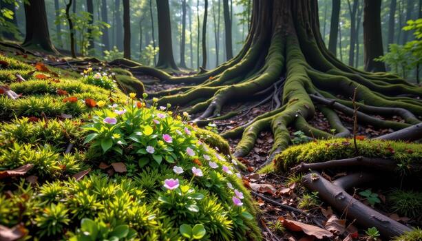 The forest floor is covered with bright green moss and flowers, surrounded by ancient tree roots and gentle morning mist. photo