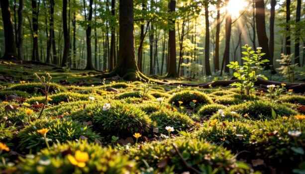 el bosque piso es cubierto con brillante verde musgo y flores, bañado en cálido, difundido luz de sol transmisión mediante el arboles foto
