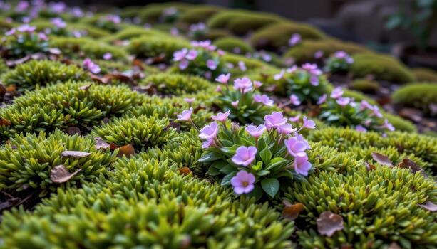 The moss forms waves of green around clusters of wild blossoms. photo