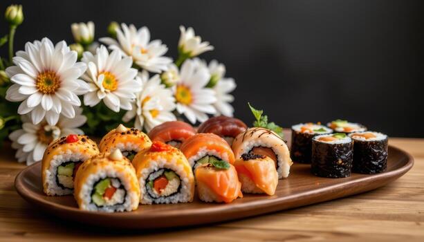 A variety of sushi sits beside blooming chrysanthemums, their colors echoing the delicate patterns of the sushi toppings. photo