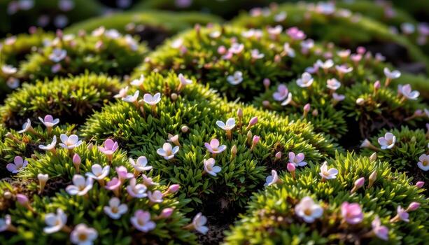 The moss forms soft waves of green, mingled with blossoms glowing like stars. photo
