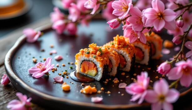 Elegant sushi and vibrant blossoms merge into a harmonious visual feast. photo
