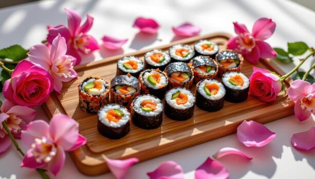 A bamboo sushi board is surrounded by roses and orchids, petals overlapping the edges of the rolls under gentle daylight. photo