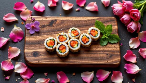 A wooden sushi board sits surrounded by scattered petals, flowers adding soft color and texture to the composition. photo