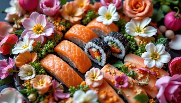 Sushi pieces are arranged amid fresh flowers, petals overlapping the edges to create a balanced and harmonious visual. photo