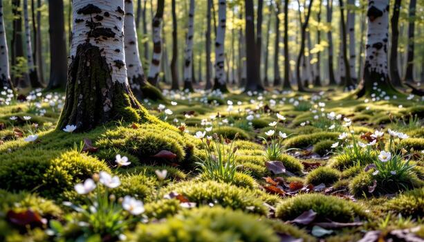 Beneath the birches, the ground shimmers with bright moss and wildflowers that seem to float on the moist, earthy surface. photo