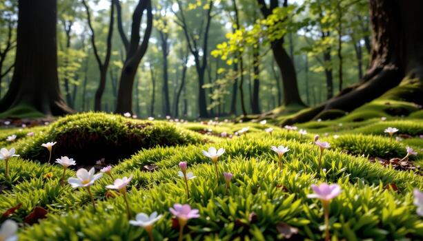 The moss shines like emerald silk beneath the canopy, dotted with blooms. photo