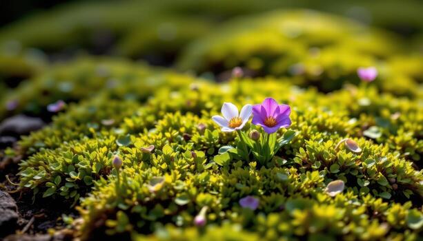 Flowers bloom quietly from the moss, adding color to the green floor. photo