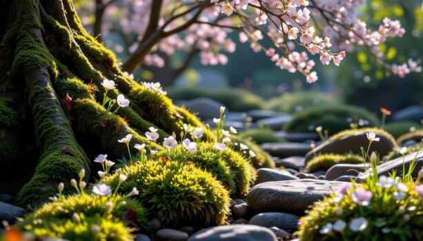 Moss climbs the roots and stones, surrounding blossoms with soft light. photo