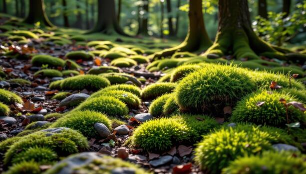 The moss glows intensely green, wrapping the earth and stones beneath the whispering trees. photo