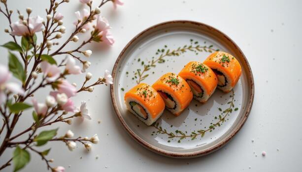 A minimal sushi arrangement is placed beside delicate floral branches, both complementing each other's elegance. photo