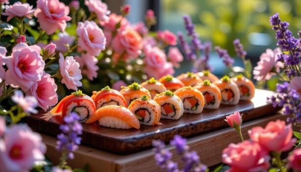 el Sushi monitor es conjunto entre floreciente rosas y lavanda, brillante debajo difundido luz. foto