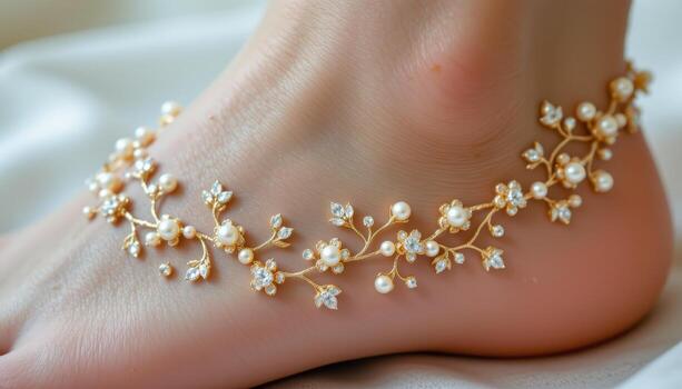 A delicate anklet adorned with tiny crystal flowers, pearls, and sparkling gemstones intertwined in a graceful pattern. photo