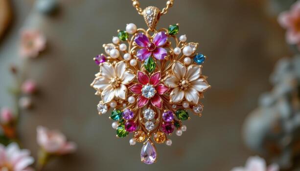 A stunning pendant featuring crystal flowers, pearls, and colorful gemstones intertwined in a delicate, flowing pattern. photo