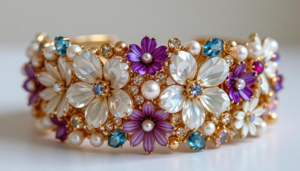 A cuff bracelet decorated with crystal flowers, pearls, and faceted gemstones arranged in a layered luxurious pattern. photo