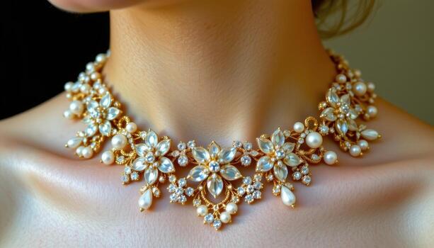 A choker featuring crystal flowers, tiny pearls, and sparkling gemstones arranged in an elegant, harmonious pattern. photo