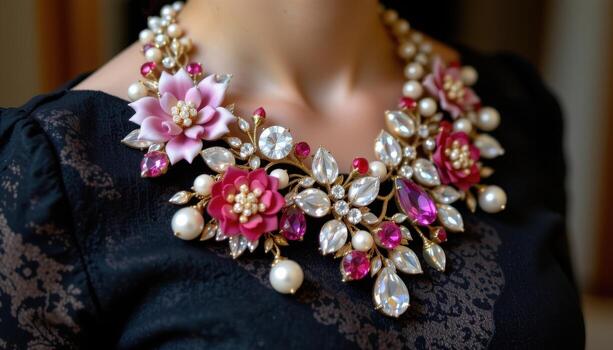 A statement necklace with crystal flowers, pearls, and gemstones cascading in an elaborate, elegant composition. photo