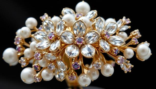 A cocktail ring featuring crystal flowers, pearl clusters, and sparkling gemstones in an intricate, sculptural pattern. photo