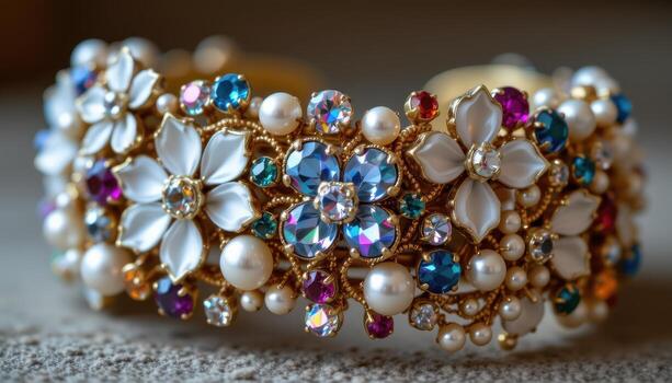 A cuff bracelet decorated with crystal flowers, pearls, and faceted gemstones arranged in a layered, luxurious pattern. photo